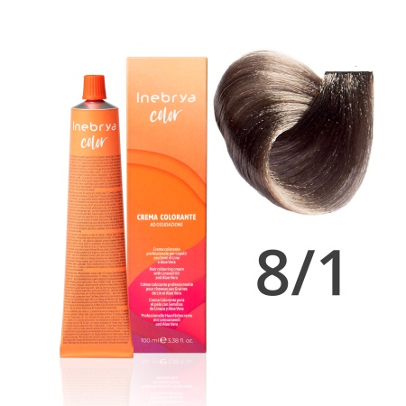 Крем - краска для волос профессиональная Inebrya Color Professional 8/1 Светлый русый Пепельный 100 мл